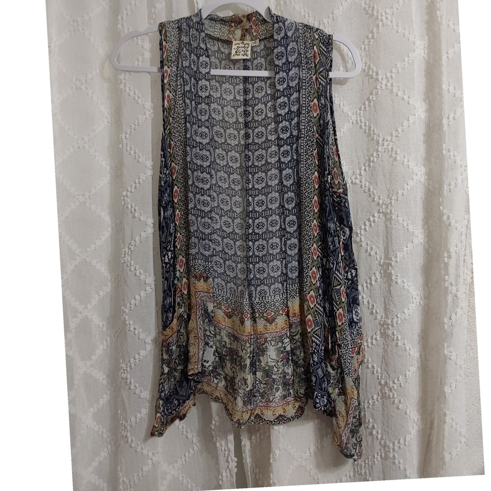 Parsley & Sage Women Small Blue Geometric Floral Medallion Open Front Vest